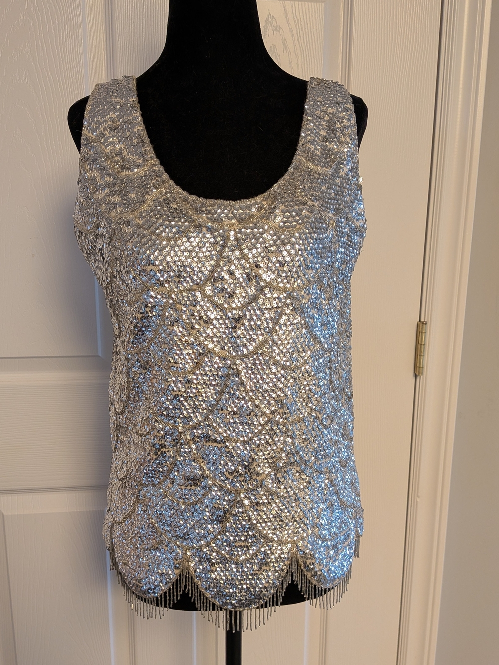 Silver Sequin Scoop Neck Tank Top - Women's Evening Camisole